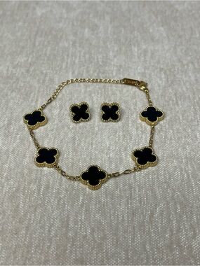 Gold Plated Black Clover Charm Bracelet and Stud Earrings Set